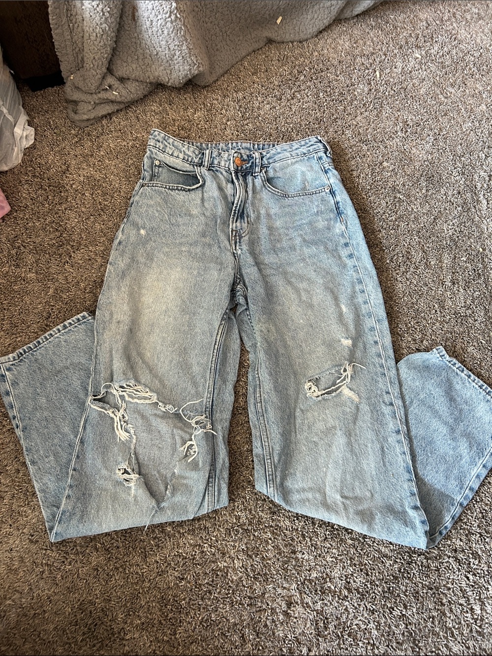 H&M &Denim Womens 90s Baggy Jeans Ultra High Waist Distressed Blue 100% Cotton